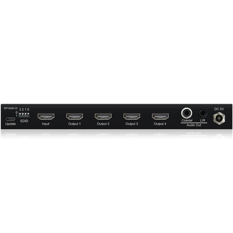Blustream Sp14Cs-V2 4-Way 4K Hdmi 2.0 Hdcp 2.2 Splitter Rear panel view of the blustream sp14cs-v2 4-way 4k hdmi 2. 0 hdcp 2. 2 splitter, a black electronic device featuring one hdmi input, four hdmi outputs, adjustable edid switches, coaxial and l/r audio outputs, an update port, and a dc 5v power port.