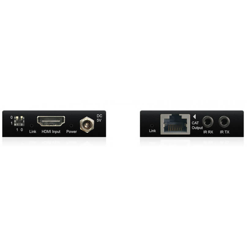Blustream Ex40B-Kit Slim Line Hdmi Extender Set Front and back views of the blustream ex40b-kit slim line hdmi extender set, a compact black device featuring hdmi input, dc 5v power port, cat output, ir rx and ir tx ports, along with indicator lights.
