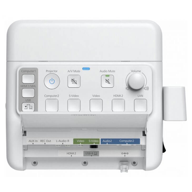Epson Elp-Cb02 Cable Management &Amp; Connection Box Front view of the epson elp-cb02 cable management & connection box in white, featuring a clearly labeled electronic control panel with buttons, a volume knob, and various input ports such as hdmi, usb, lan, and audio connectors.