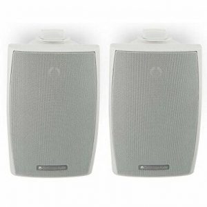 Two Cambridge Audio ES30 Outdoor Speakers, featuring white rectangular designs with mesh fronts, are mounted side by side against a plain white background.