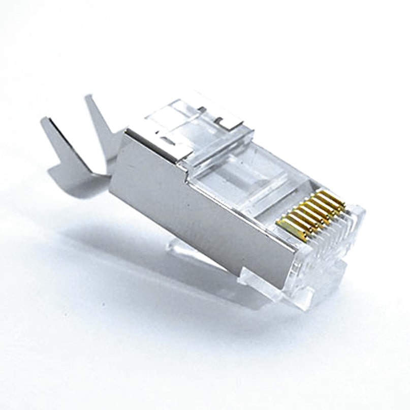 Ice Cable System Rj45 Cat6A/50 Metal Shielded Connector Close-up of the ice cable system rj45 cat6a/50 metal shielded connector featuring gold-plated contacts, isolated on a white background.