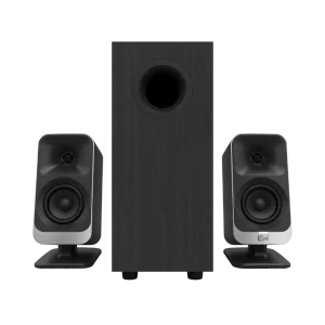A black klipsch promedia lumina 2. 1 computer speakers system with a tall central subwoofer and two smaller satellite speakers on either side, shown on a white background.