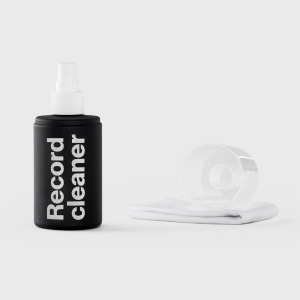 black spray bottle labeled 'Record Cleaner' with white nozzle, clear cap, and folded lint-free cotton cloth for vinyl record cleaning