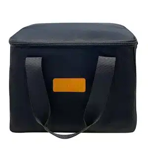 Ikarao Travel Bag for Break X2 Black insulated cooler bag with a zippered top and two gray handles, featuring a tan leather label with 'Ikaroo' branding.
