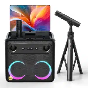 IKARAO Adjustable Microphone Stand A black portable speaker with colorful LED lights, a microphone on a stand, and a tablet displaying vibrant abstract art.