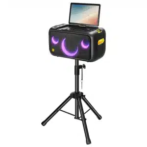 Ikarao Speaker Stand Tripod Portable speaker on a tripod stand with a smiling face design and a small screen on top.