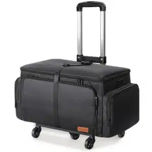 Rolling Luggage Speaker Bag Black rolling duffel bag with a retractable handle and wheels, featuring multiple zippered compartments.
