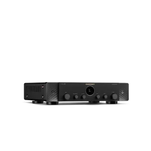 Black Marantz Model 70 integrated amplifier with volume, bass, treble, and balance knobs, a central display, and a minimalist design on a plain white background.