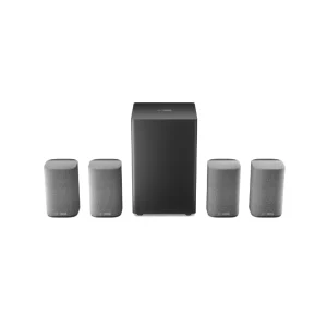 LOEWE We. BOOST 5-unit surround sound speaker system with four grey fabric satellite speakers and a central black subwoofer.