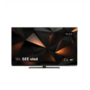 LOEWE WE SEE 48 OLED 4 Front view of a 48-inch Loewe We. SEE oled television displaying abstract black and orange geometric patterns against a black background.