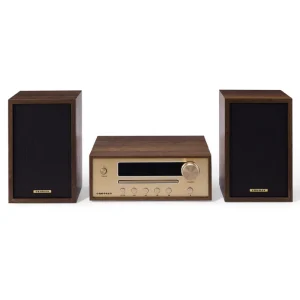 The CROSLEY Parker Radio CD Player features a central control unit with buttons and knobs and comes with two matching black-and-wood speakers.