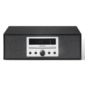 A black and gray CROSLEY Finn Radio CD Player featuring a digital display, front-facing speaker, and control knobs sits on a white background.