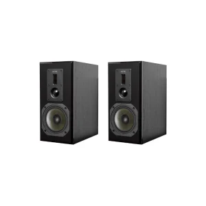 Pair of black DYNAVOICE Definition Bookshelf Speakers shown from a three-quarter angle, highlighting the black front baffle, dual tweeters, and woven woofer cone.