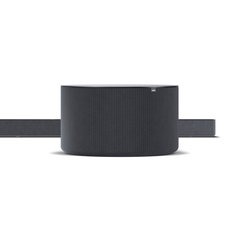 Loewe Klang Bar5 Mr &Amp; Sub5 Soundbar And Subwoofer Loewe klang bar5 mr soundbar and sub5 subwoofer shown together from the front, featuring matching black fabric grilles.