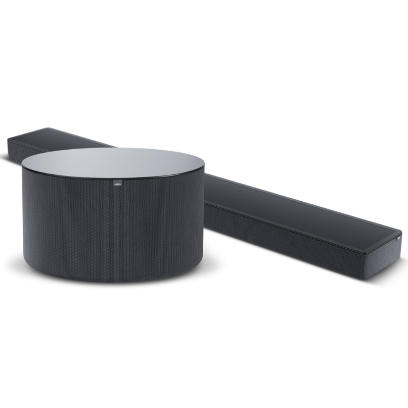 Loewe Klang Bar5 Mr &Amp; Sub5 Soundbar And Subwoofer Loewe klang bar5 mr & sub5 soundbar and subwoofer shown together from an angled front view, highlighting their matching black designs.
