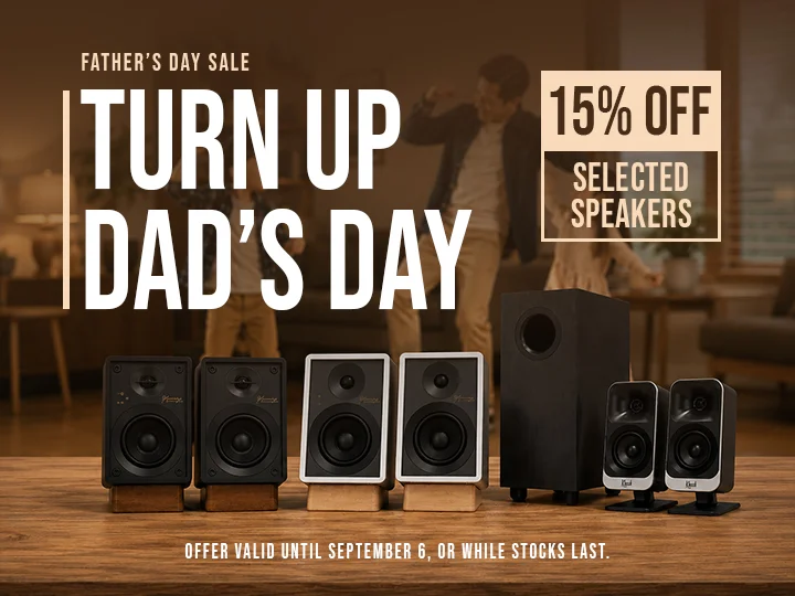 Brown-themed ad for a father’s day sale showing speakers on a table, with text: “turn up dad’s day, 15% off selected speakers. Offer valid until september 6, or while stocks last. ”.
